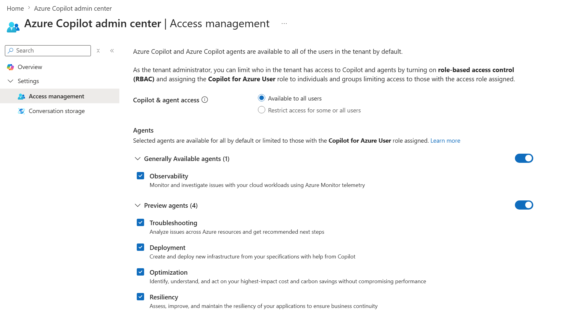 Screenshot of Azure Copilot admin center access management.