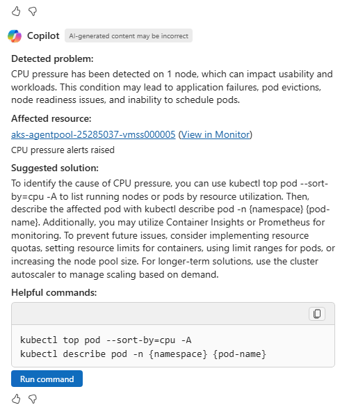 Screenshot of Copilot in Azure providing more details about a problem with CPU pressure.