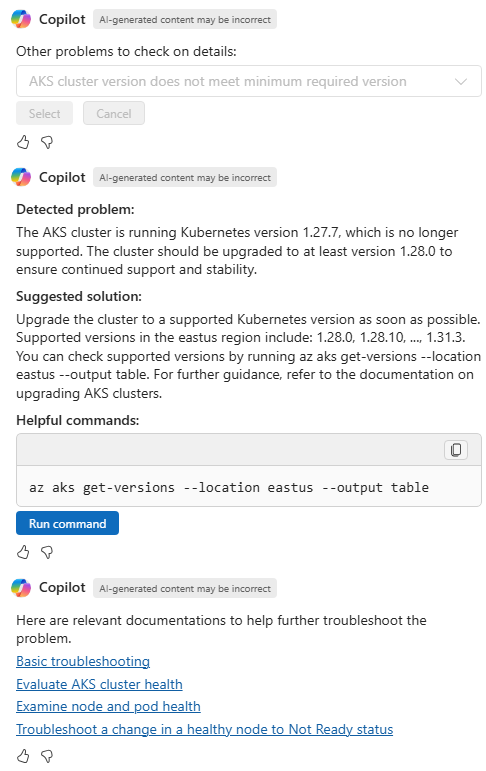 Screenshot of Copilot in Azure providing more details about a problem with the Kubernetes version.