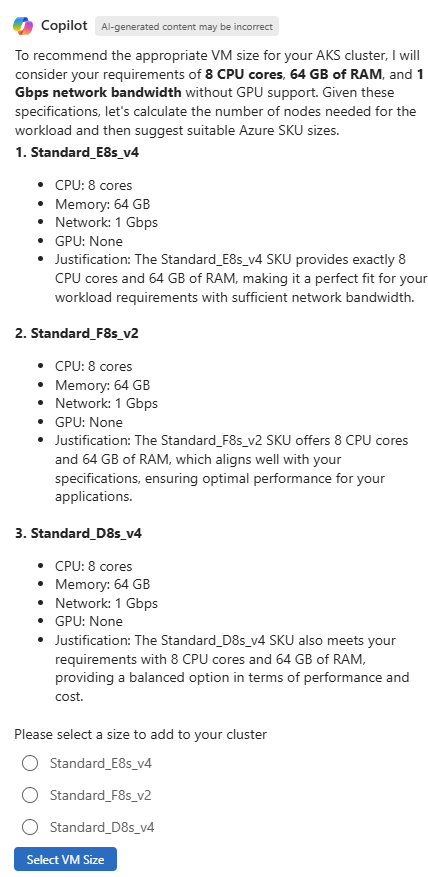Screenshot of Copilot in Azure providing recommendations for appropriate VM sizes for a new AKS cluster.