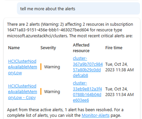Screenshot showing Microsoft Copilot for Azure providing information about alerts affecting Azure Stack HCI clusters.
