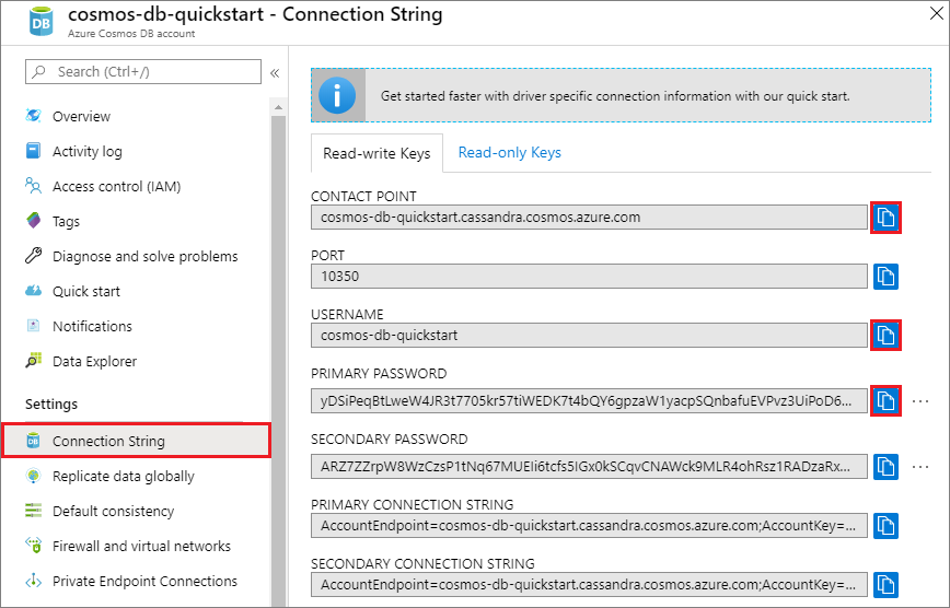 View and copy details from the Connection String page in Azure portal