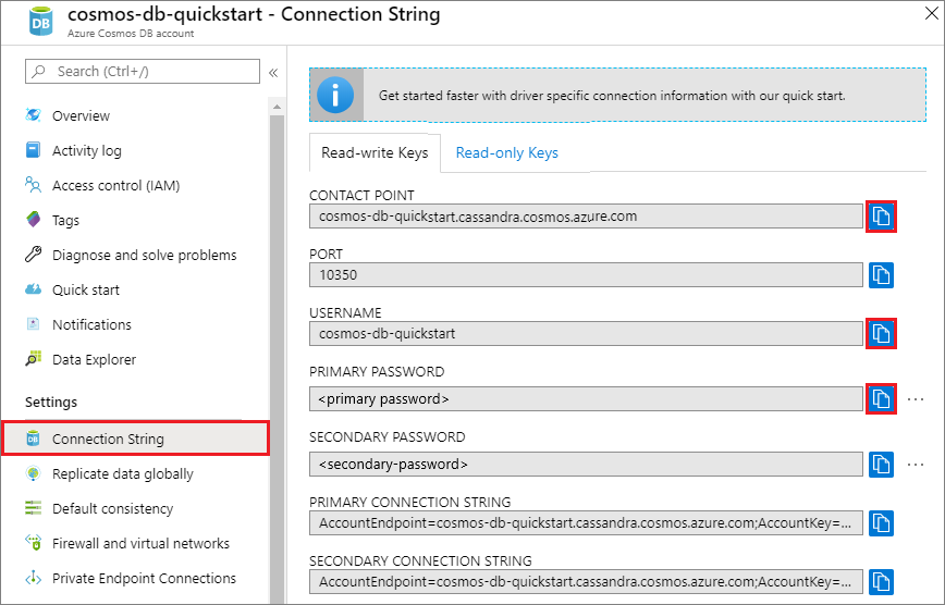 View and copy a username from the Azure portal, Connection String page