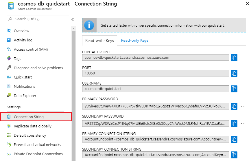 View and copy an access user name, password and contact point in the Azure portal, connection string blade