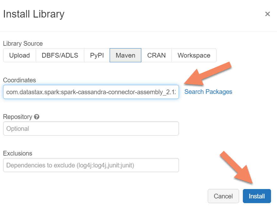 Screenshot that shows searching for Maven packages in Databricks.