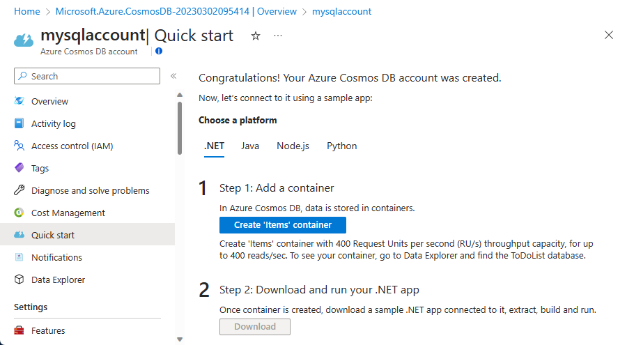 Screenshot shows the Azure Cosmos DB account page.