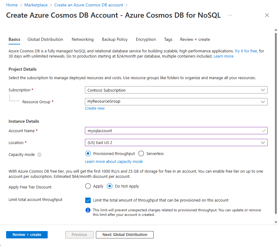 Screenshot shows the Create Azure Cosmos DB Account page.