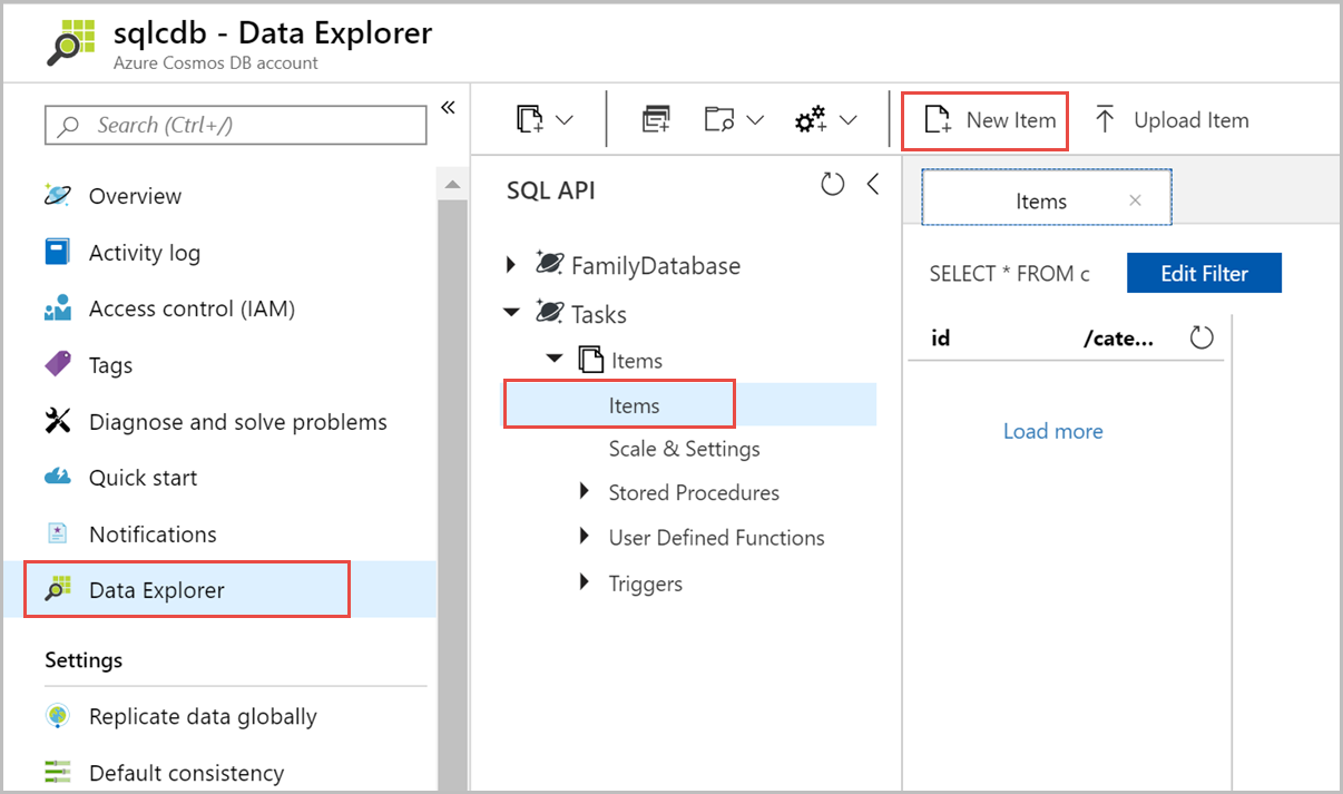 Create new documents in Data Explorer in the Azure portal