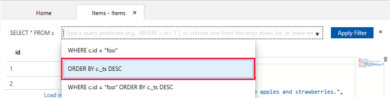 Screenshot shows a change to the default query to ORDER BY c._ts DESC.