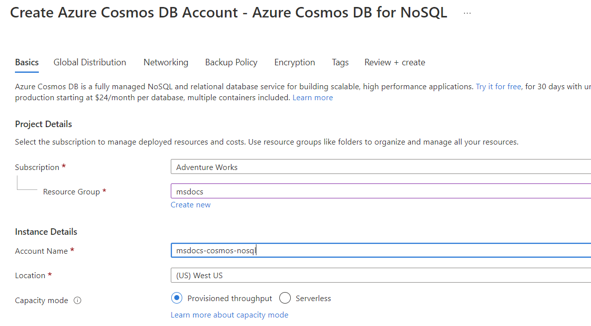 Screenshot of new account page for API for NoSQL.
