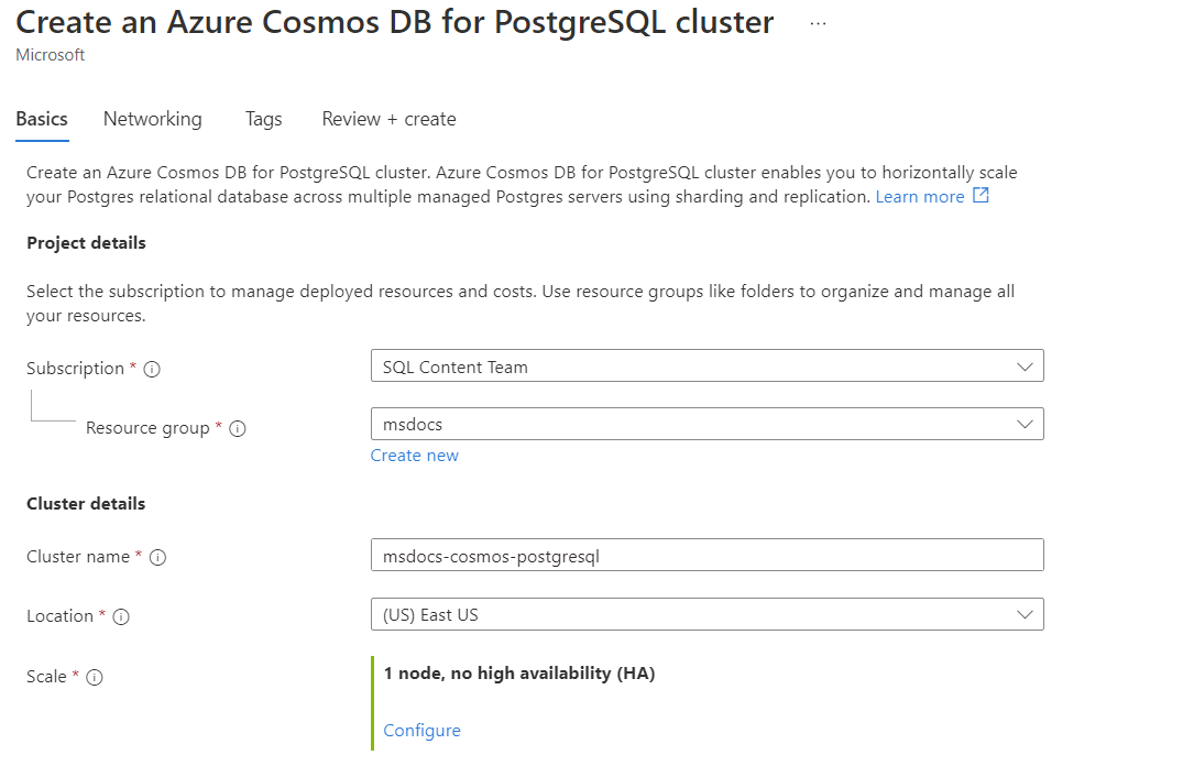 Screenshot of new account page for API for PostgreSQL.