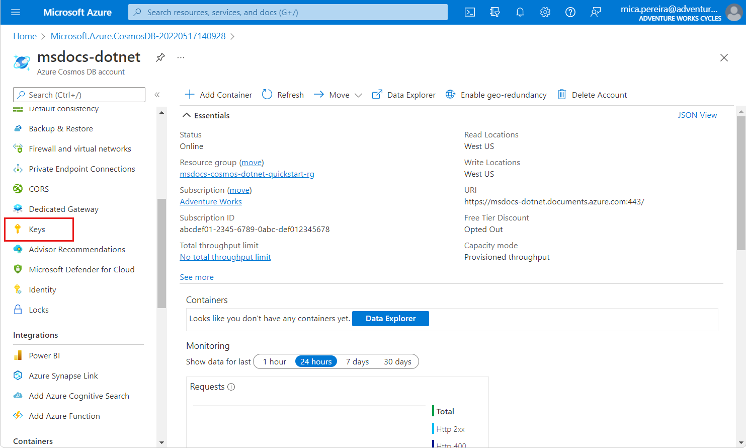 Screenshot of an Azure Cosmos DB SQL API account page. The Keys option is highlighted in the navigation menu.
