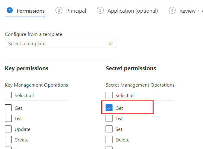 Screenshot of the Get permission enabled for Secret permissions.