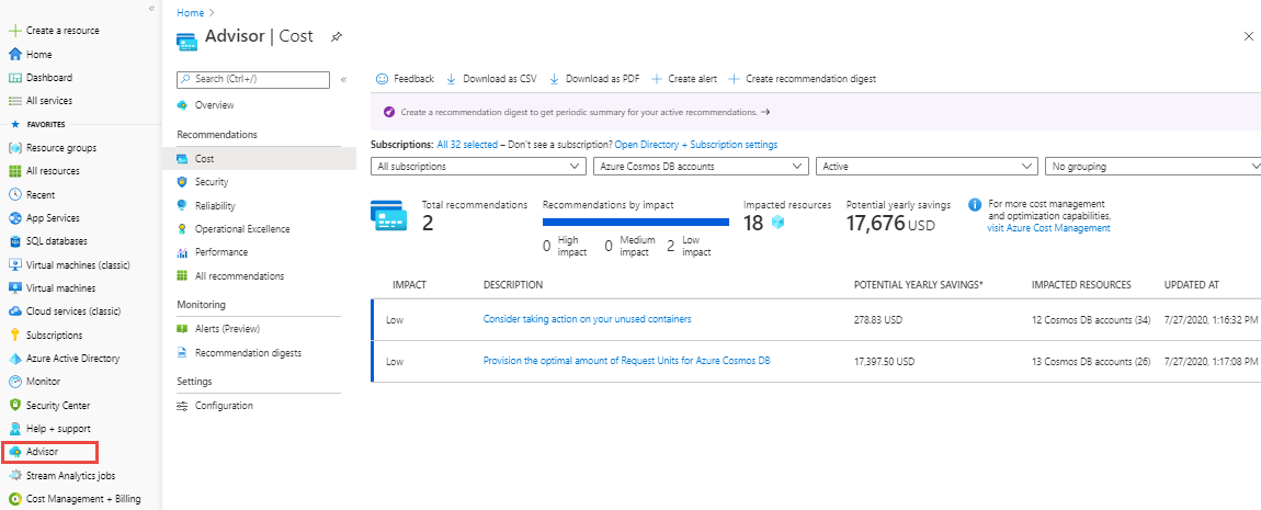 View recommendations from Azure Advisor pane