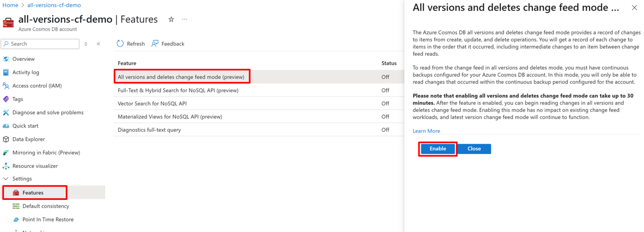 Screenshot of All versions and deletes change feed mode feature in Features page in the Azure portal.