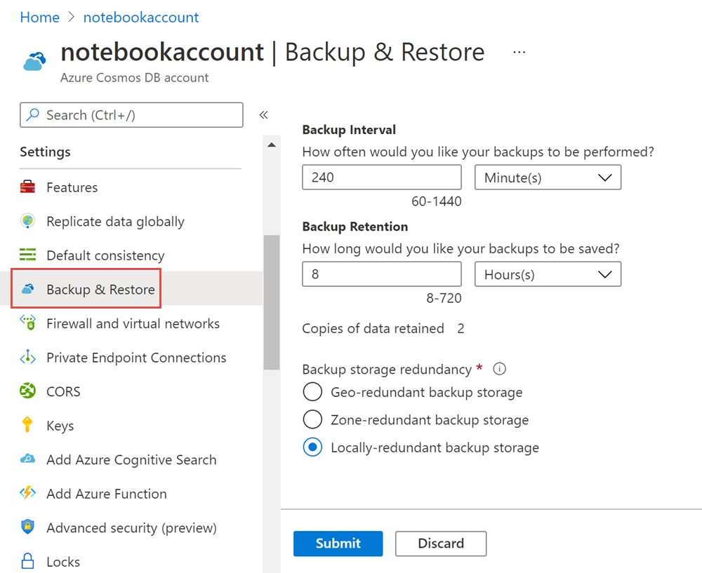 Configure backup interval, retention, and storage redundancy for an existing Azure Cosmos DB account.