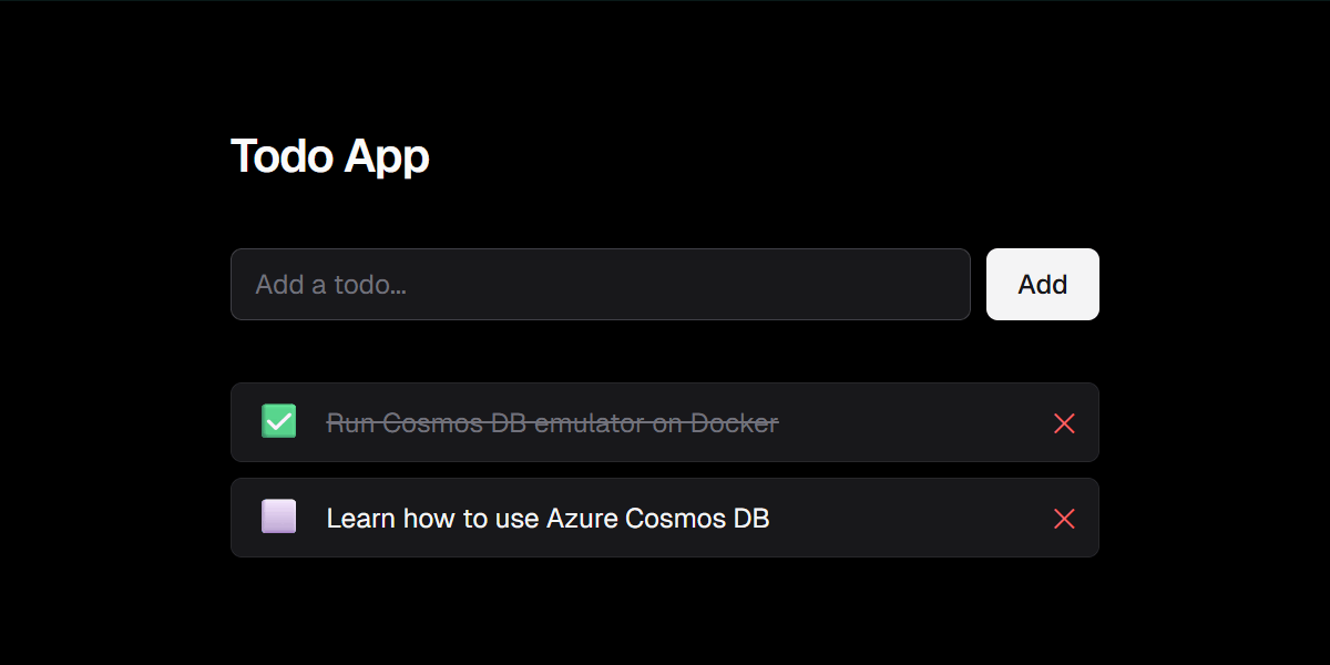 Screenshot of the new application running in a web browser with multiple items persisted to the database.