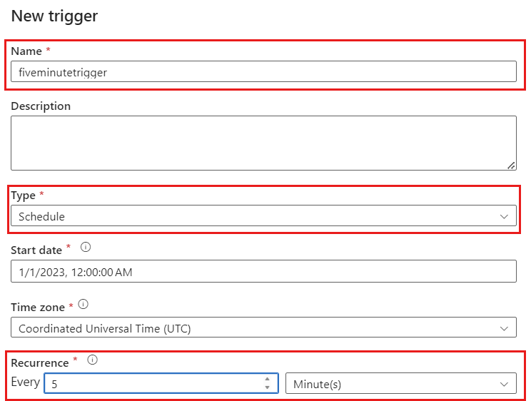 Screenshot of a trigger configuration based on a schedule, starting in the year 2023, that runs every five minutes.