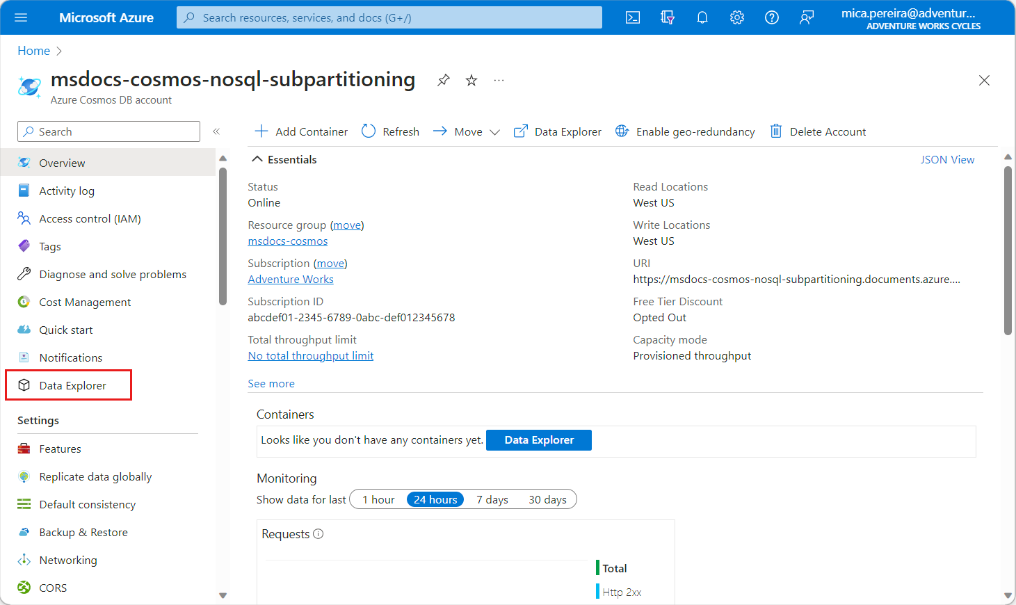 Screenshot that shows the page for a new Azure Cosmos DB for NoSQL account with the Data Explorer menu option highlighted.