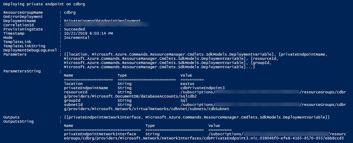Screenshot of deployment output for the Resource Manager template.