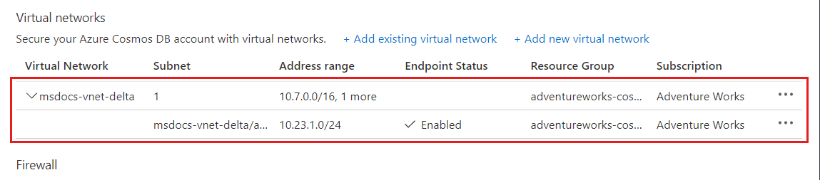 Screenshot of an Azure Virtual Network and subnet configured successfully in the list.