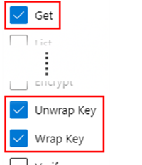 Screenshot of access policy permissions including Get, Unwrap key, and Wrap key.