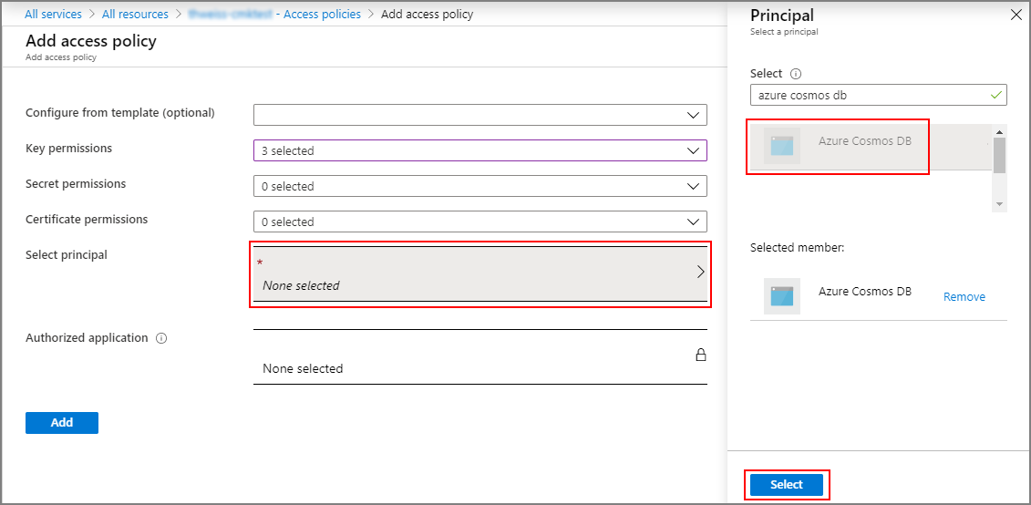 Screenshot of the Select principal option on the Add access policy page.