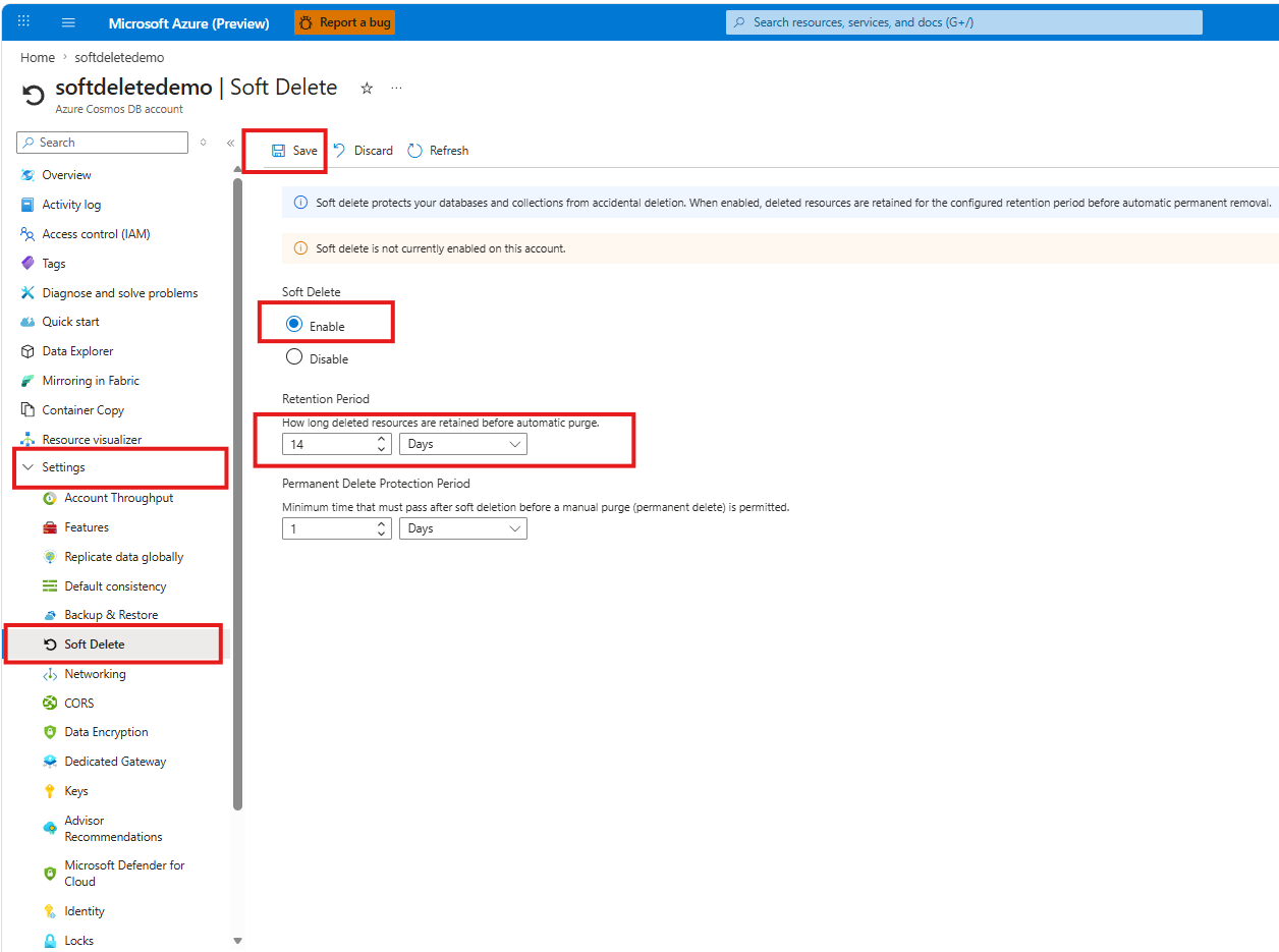 Screenshot showing how to enable soft delete and configure retention period in the Azure portal.