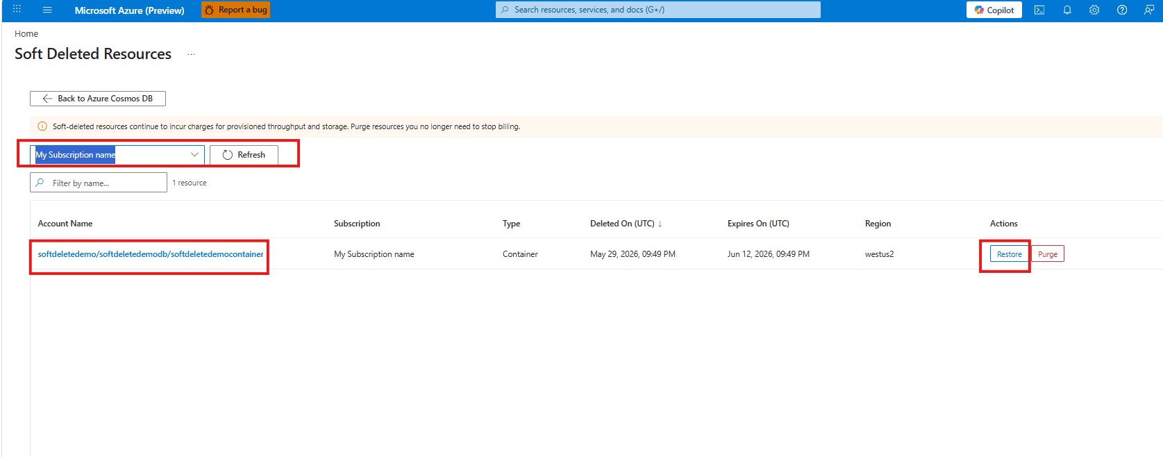 Screenshot showing the Soft Deleted Resources page with a soft-deleted container and the Restore and Purge action buttons.