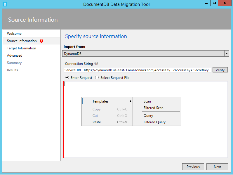 Screenshot of Amazon DynamoDB source options - database migration tools.