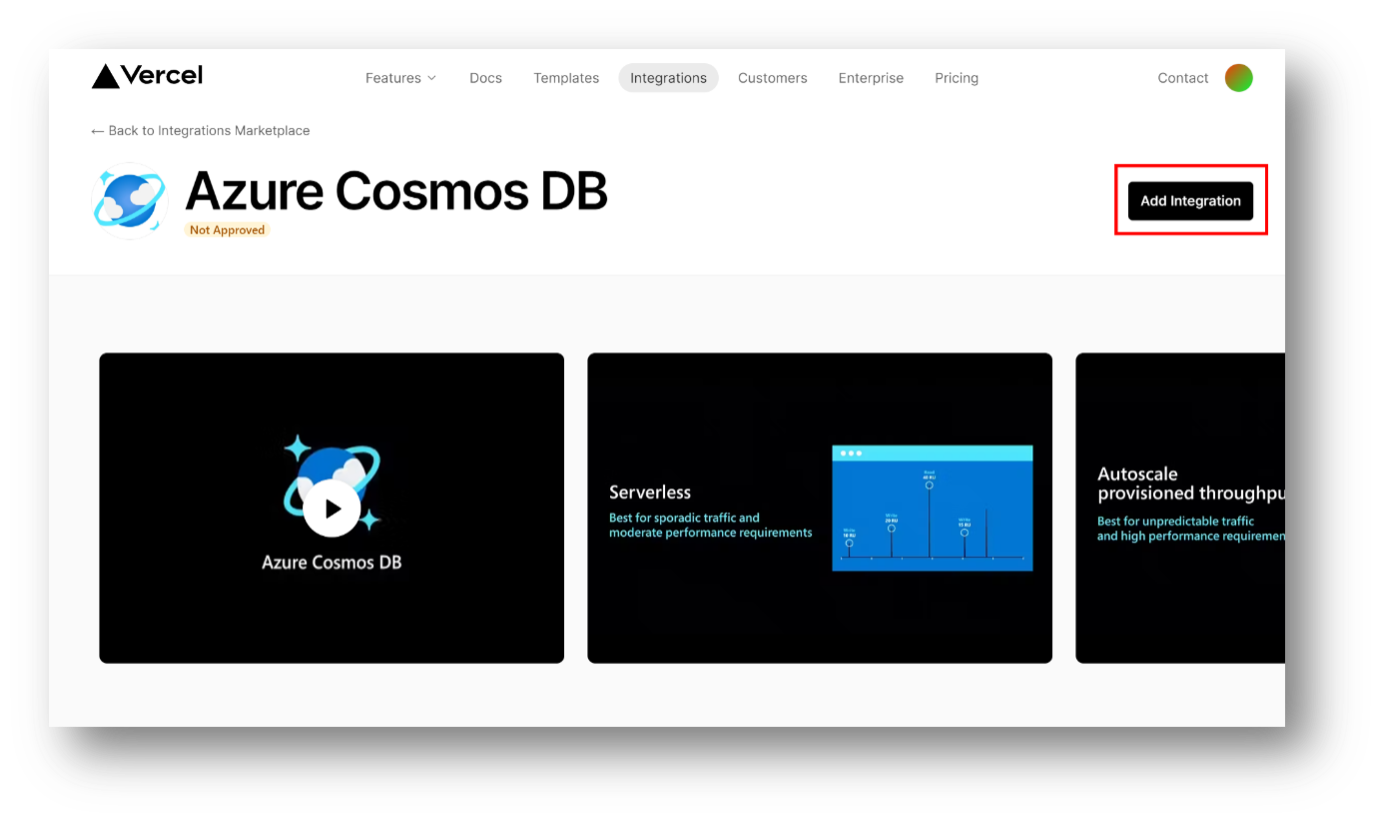 Screenshot shows the Azure Cosmos DB integration page on Vercel's marketplace.