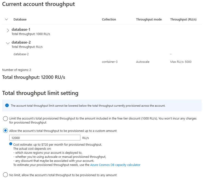 Screenshot of the Azure portal showing how to update total account throughput on an existing account