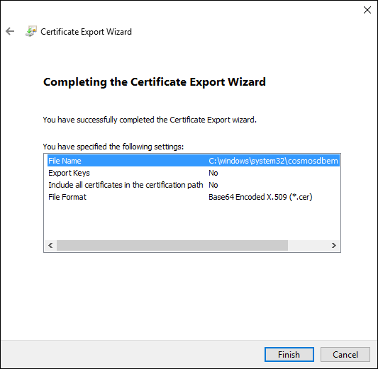 Azure Cosmos DB local emulator export step 8
