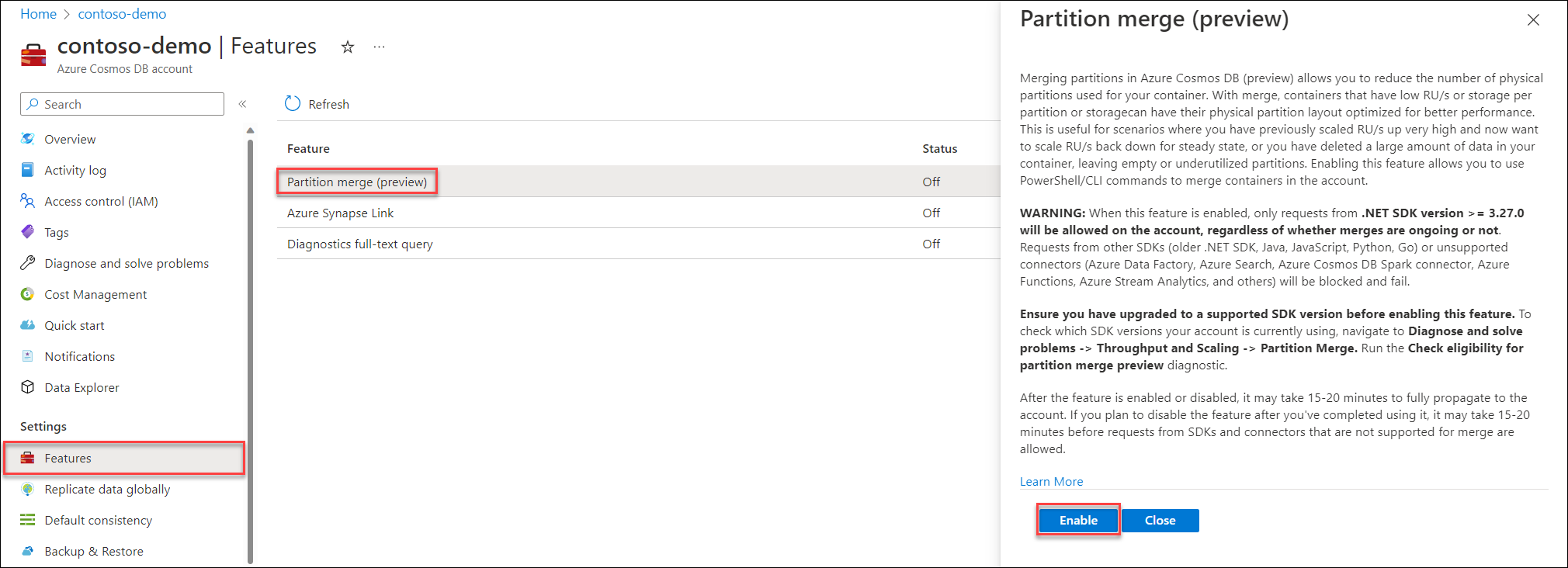 Screenshot of Features pane and Partition merge feature.