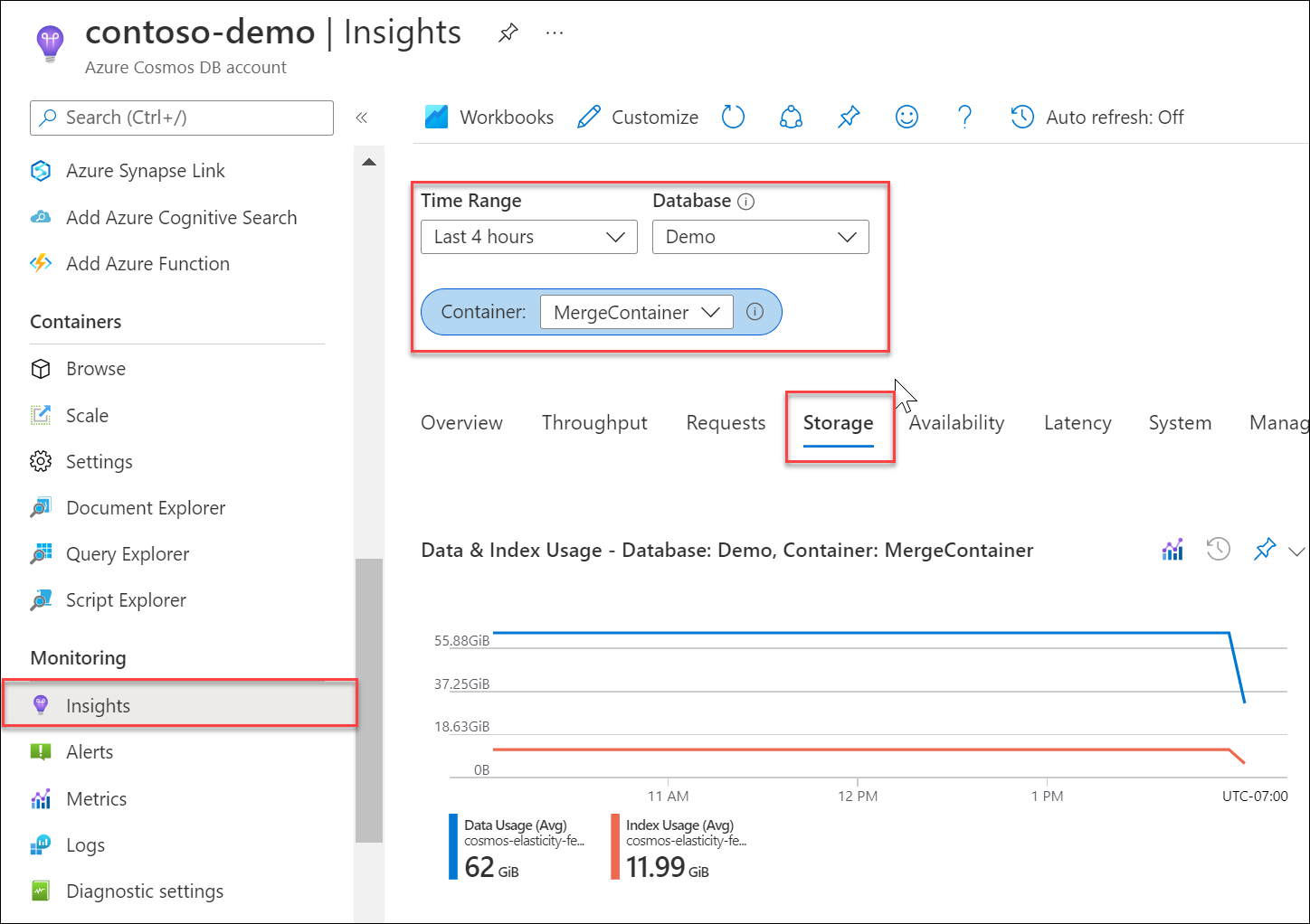 Screenshot of Azure Monitor storage (data + index) metric for container in Azure portal.