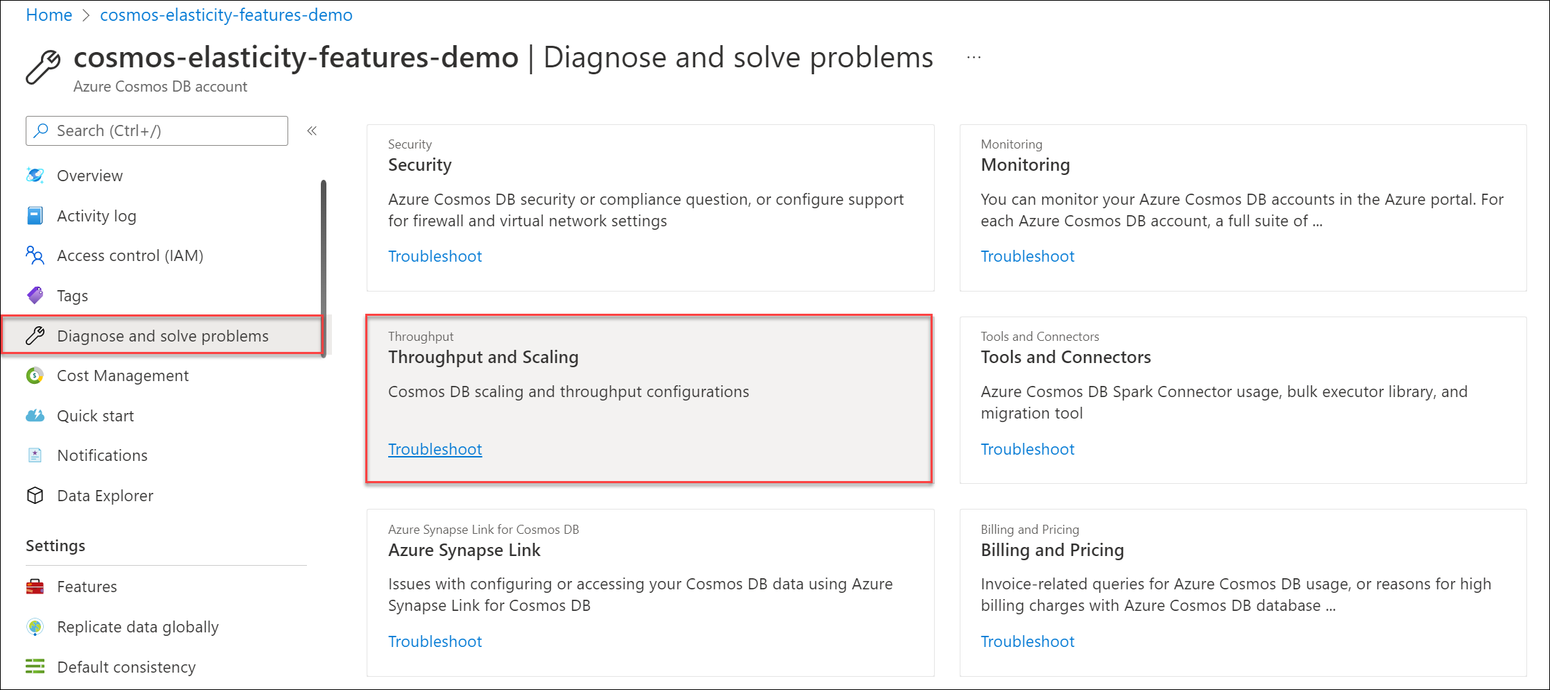 Screenshot of Throughput and Scaling content in Diagnose and solve issues page.