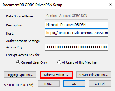 Screenshot that shows the Schema Editor button in the D S N Setup window.