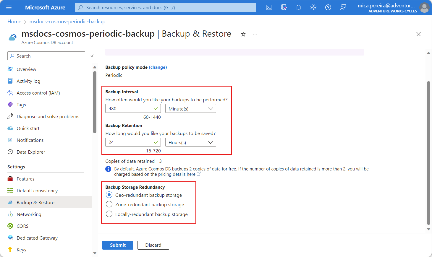 Screenshot of configuration options including backup interval, retention, and storage redundancy for an existing Azure Cosmos DB account.