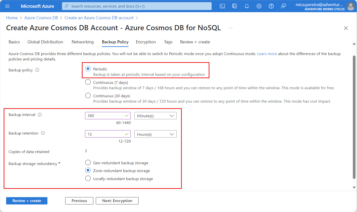 Screenshot of configuring a periodic backup policy for a new Azure Cosmos DB account.