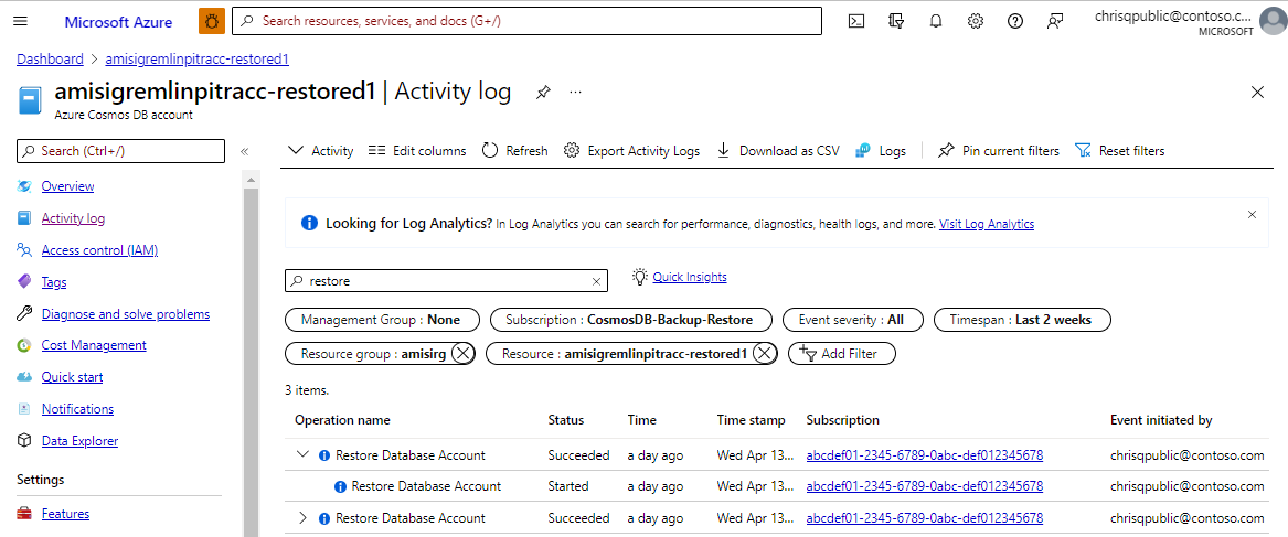 Screenshot of the Azure portal showing the Azure Cosmos DB restore audit activity log.