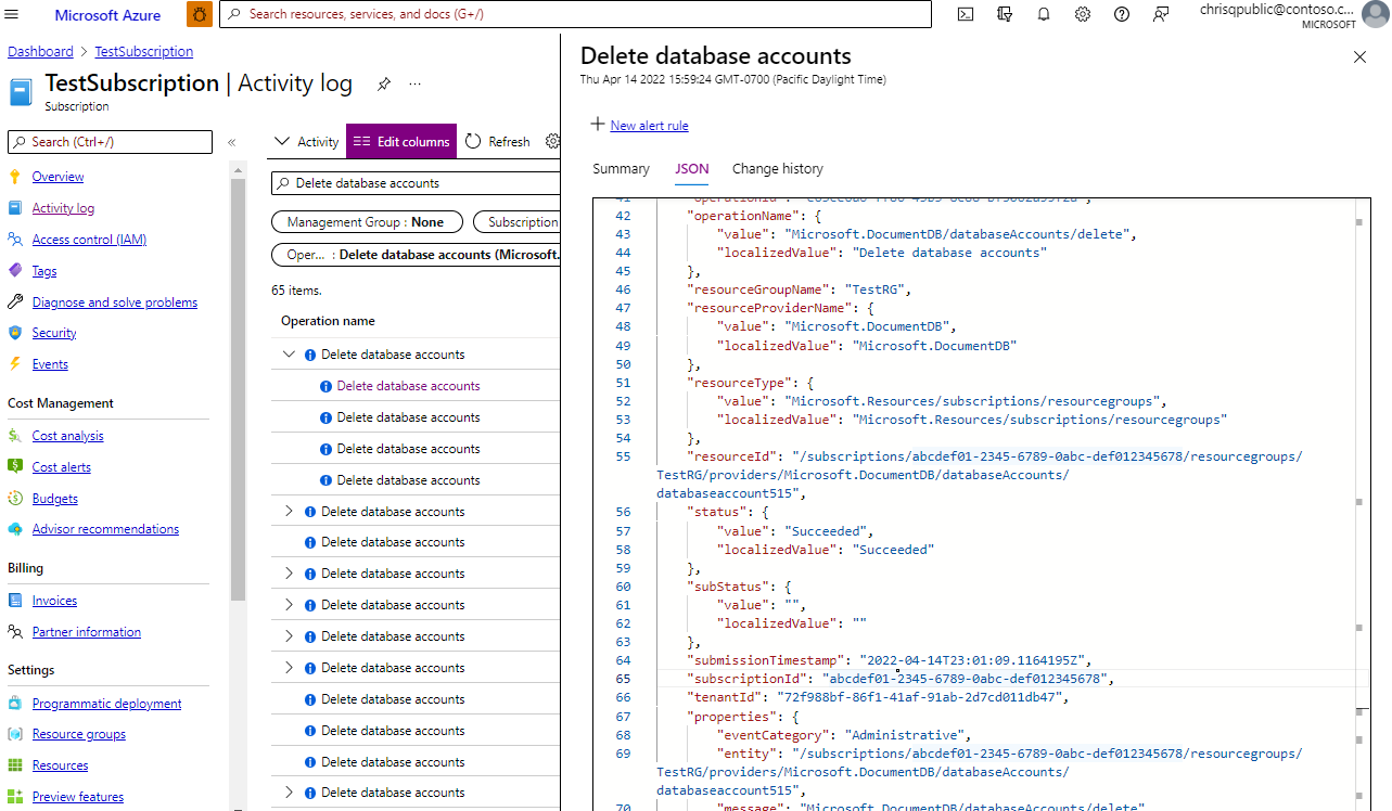 Azure Cosmos DB restore audit activity log.