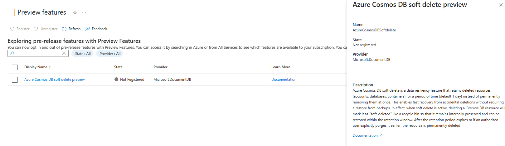 Screenshot of the soft-delete feature, resource enumeration, and activation/deactivation in the Azure portal.