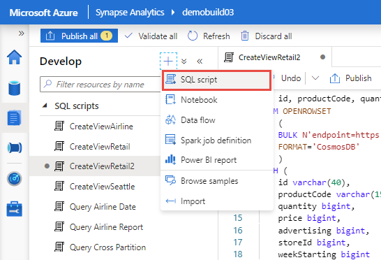 Add a SQL script to the Synapse Analytics workspace