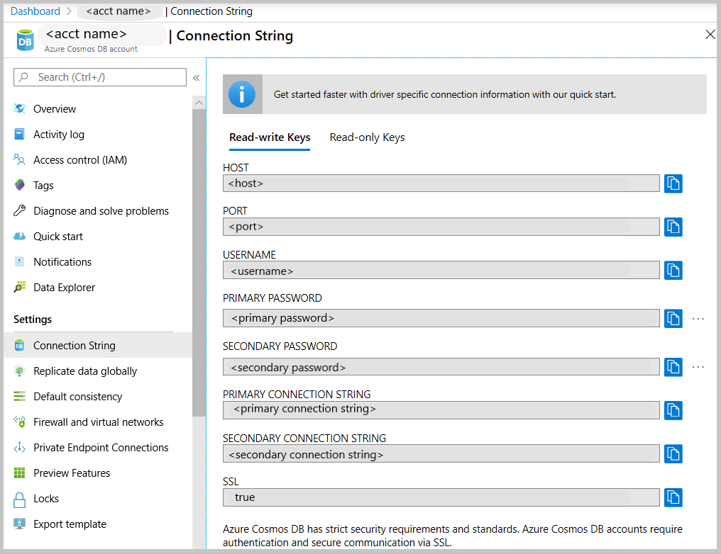 Screenshot shows the settings for a Connection String.