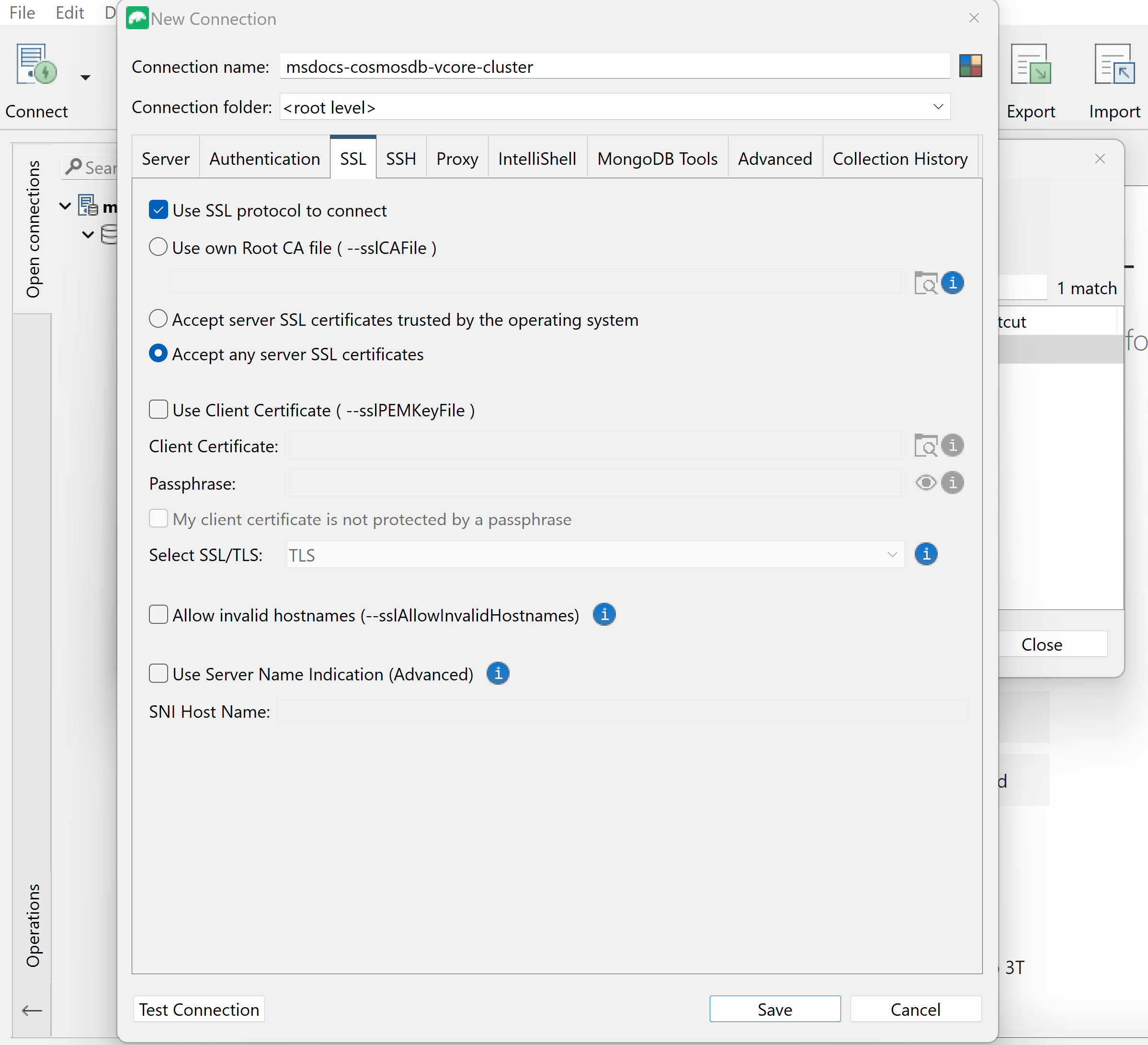 Screenshot of the Studio 3T new connection TLS/SSL Tab.