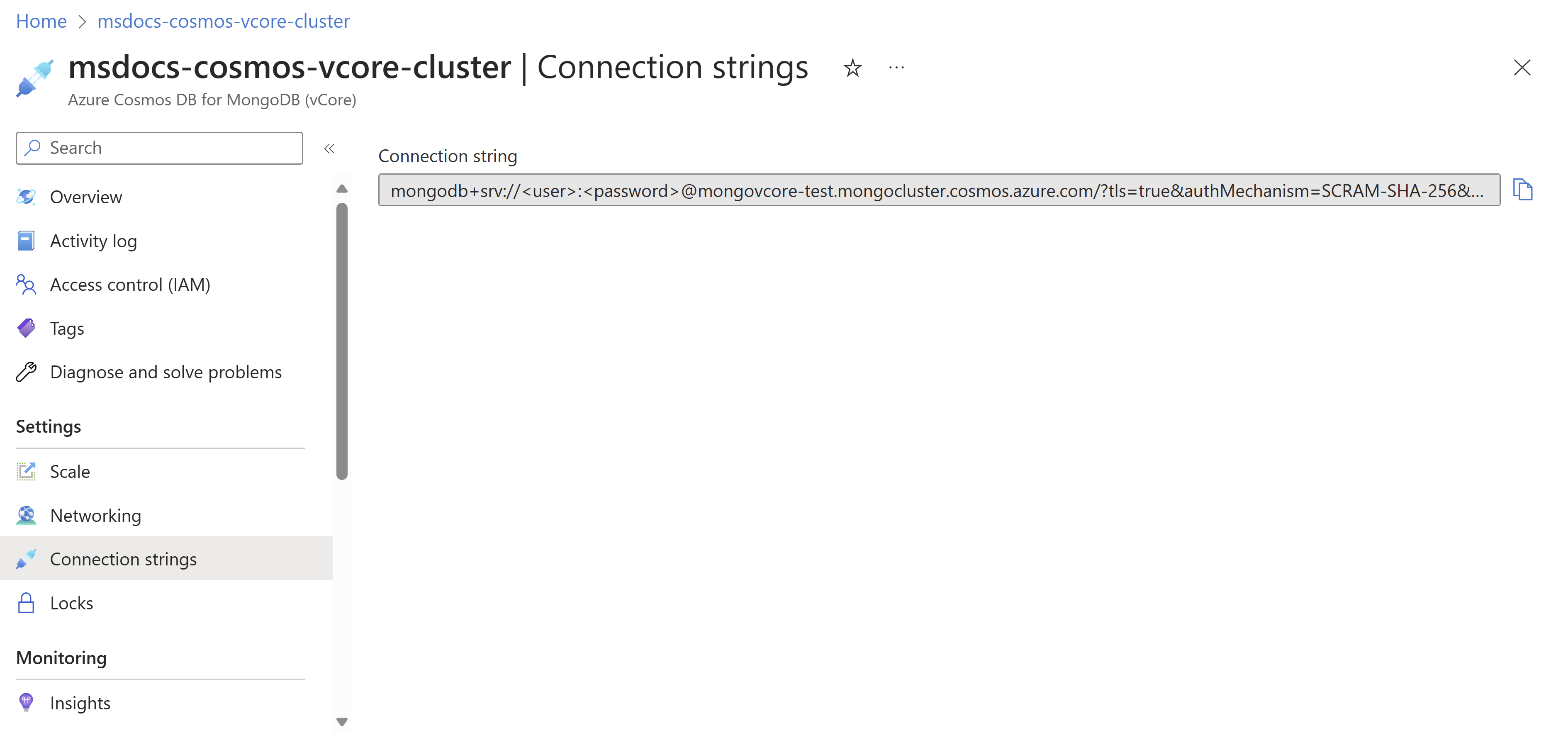 Screenshot of the connection string page.