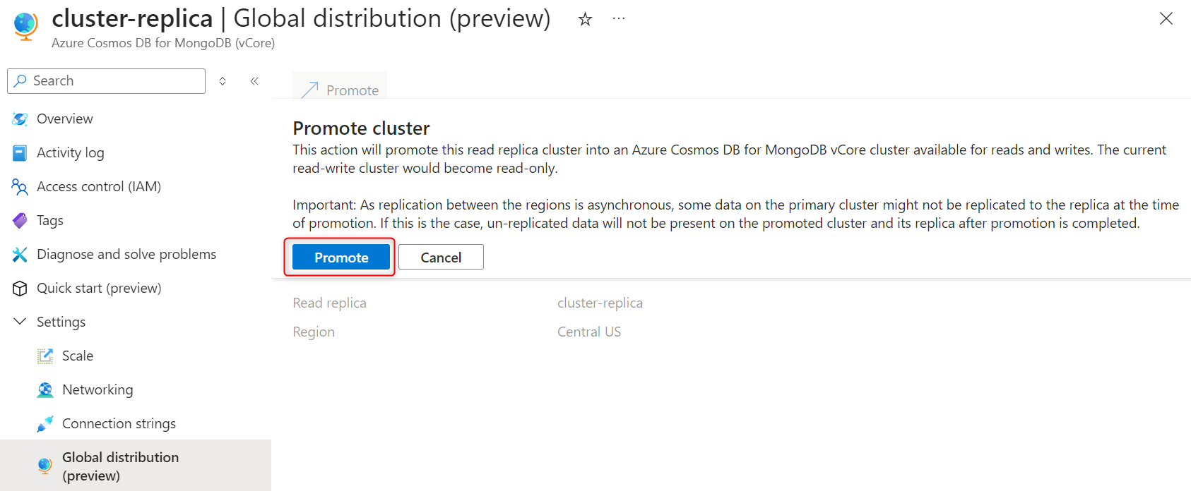 Screenshot of the read replica cluster global distribution preview page with the promote confirmation pop-up window.