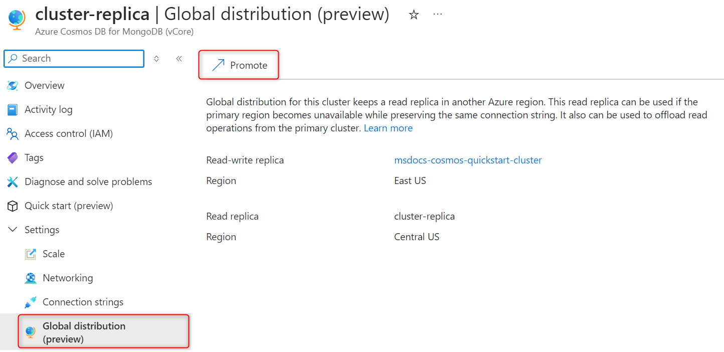 Screenshot of the read replica cluster global distribution preview page with the promote button.