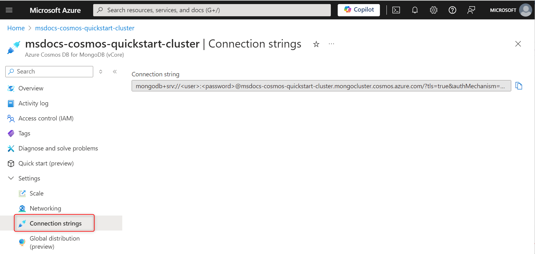 Screenshot of the connection strings page in the cluster properties.