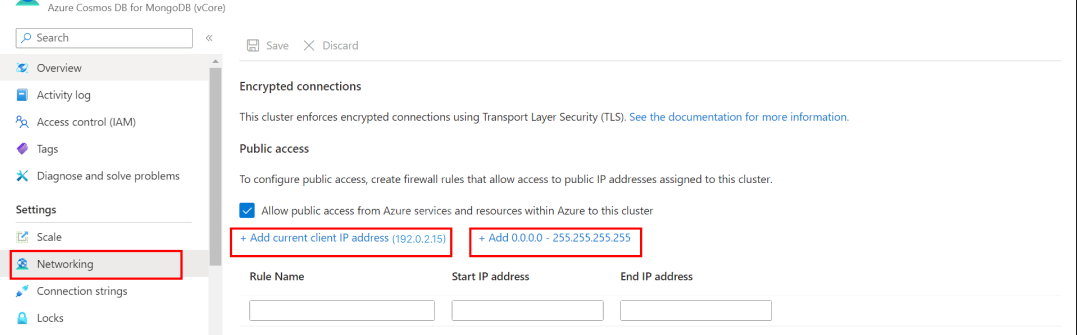 Screenshot of the Timeout error solution for Azure Cosmos DB for MongoDB vCore.